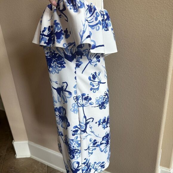 Lauren by Ralph Lauren Size 2 White Dress w/Blue Flowers, off Shoulder Sleeves - Picture 4 of 9